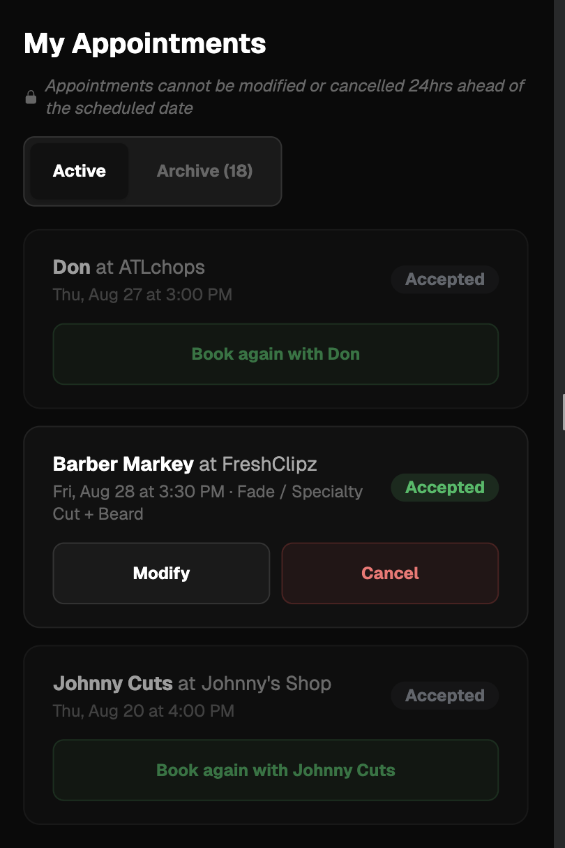 Trimly appointments list showing each booking with the barber, their shop and the service