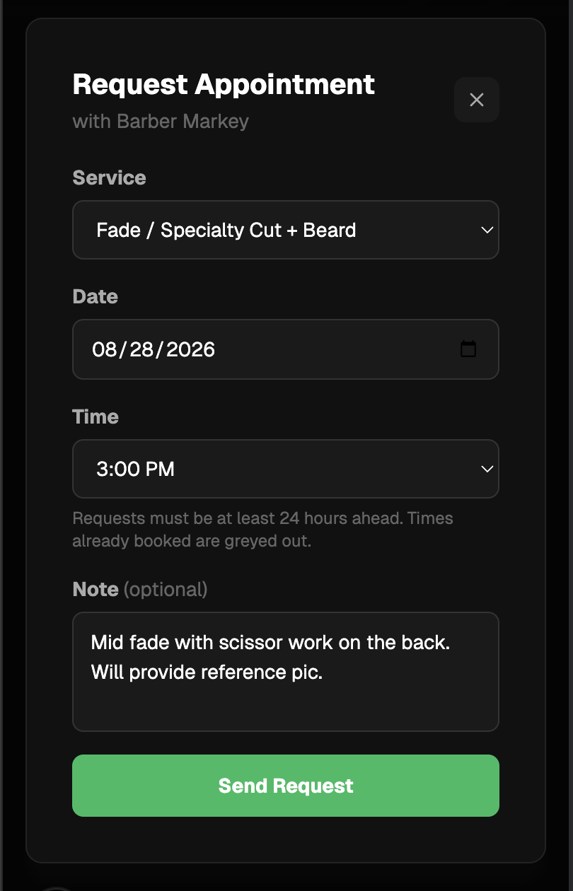 Trimly booking form: service, date, time and an optional note to the barber