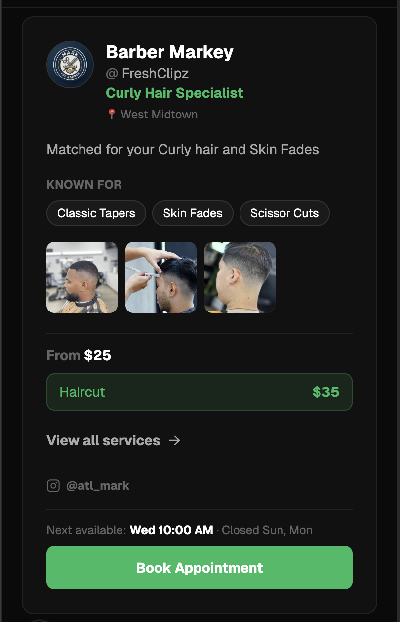 A Trimly barber card: photos of their work, the cuts they're known for, prices, and their next open slot